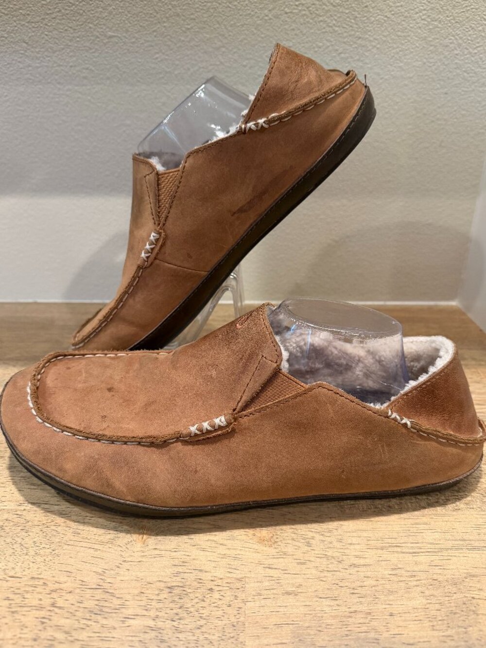 OluKai Moloa Slipper Leather Shearling Slip On Shoes Tan Brown Men’s Size 12
